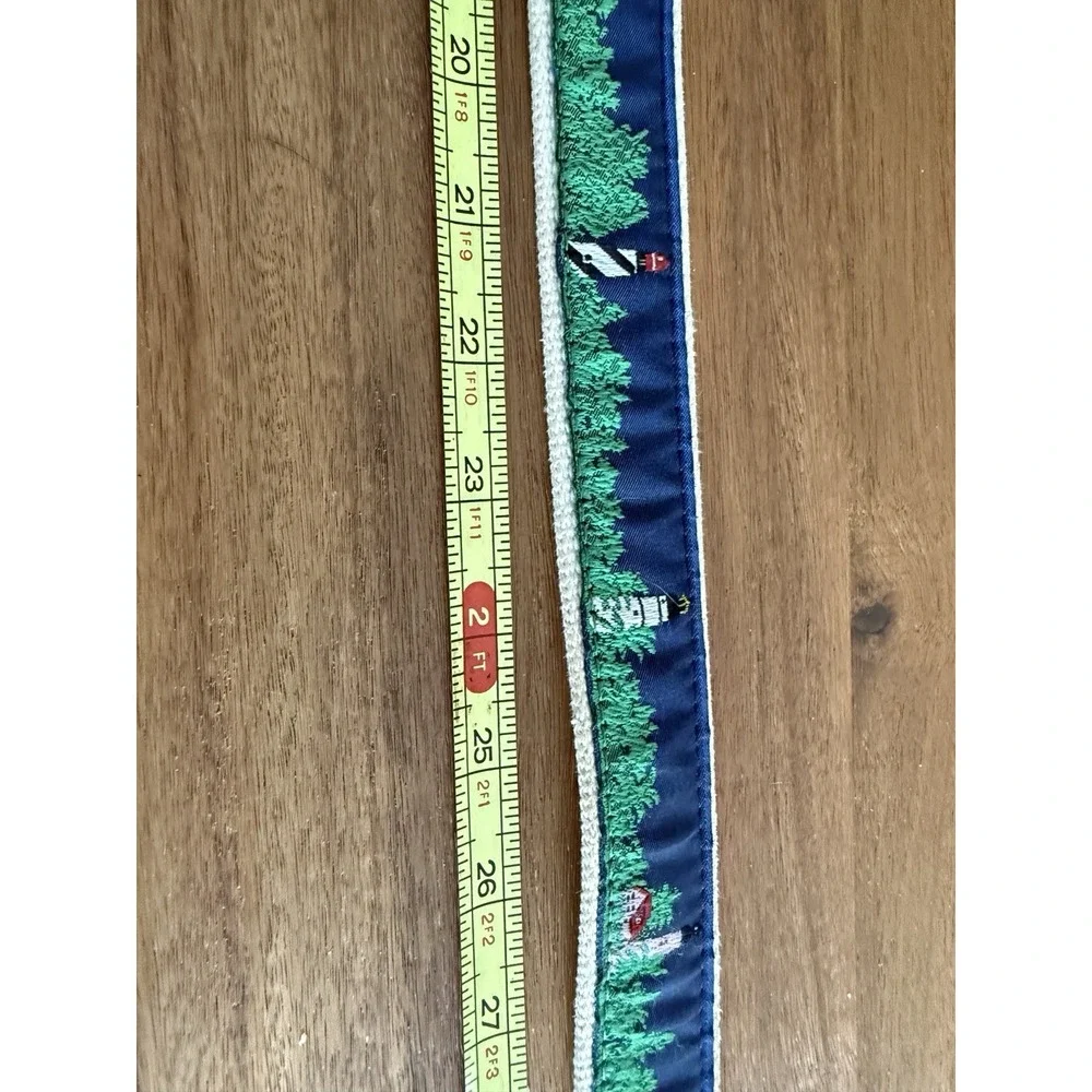 VTG Woven Ribbon Belt Lighthouse Pine Trees Cream Canvas Brass Buckle 36